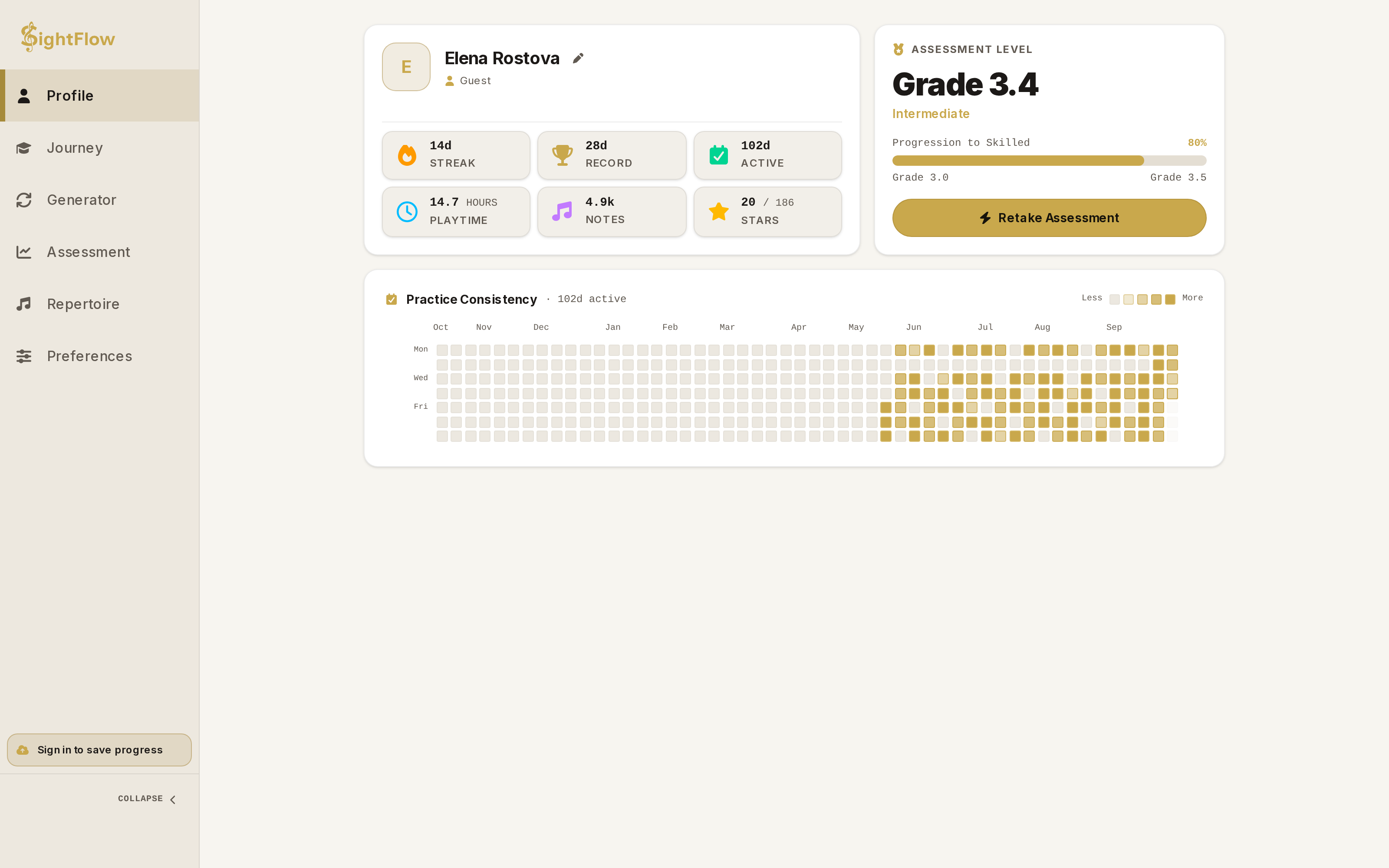 SightFlow profile showing grade 3.4 intermediate level, streaks and practice heatmap