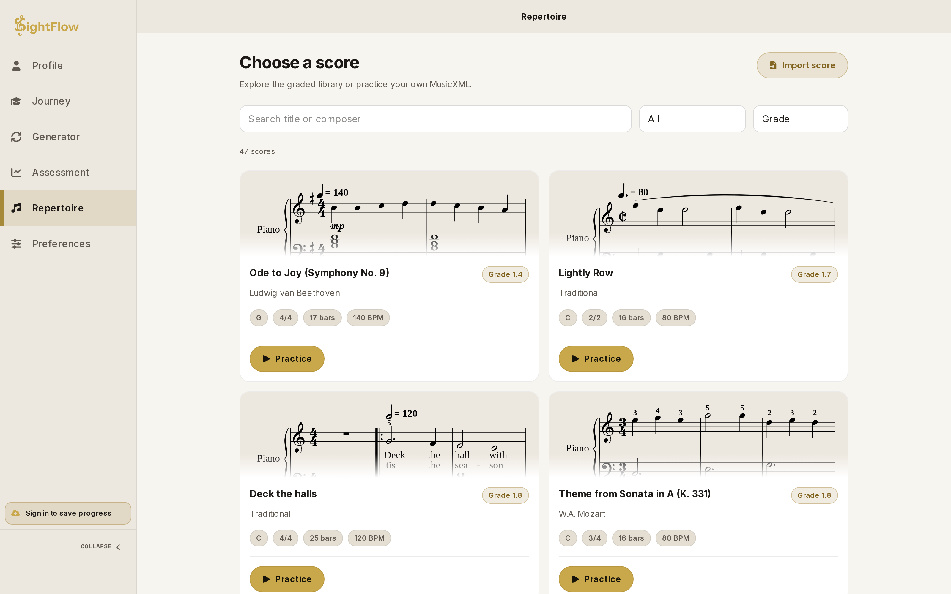 Repertoire catalogue with graded pieces
